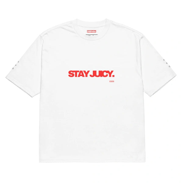 "STAY JUICY" OVERSIZED WHITE TEE – SUMMER 25 DROP