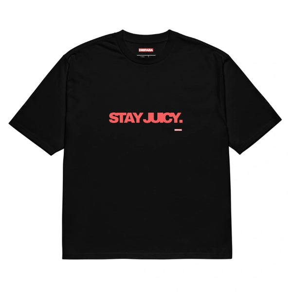"STAY JUICY" OVERSIZED BLACK TEE – SUMMER 25 DROP