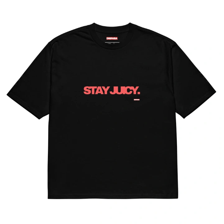 "STAY JUICY" OVERSIZED BLACK TEE – SUMMER 25 DROP